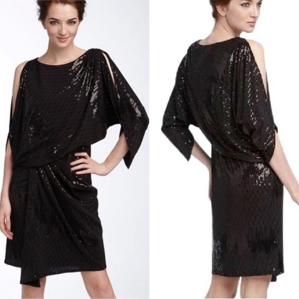 David Meister Black Sequin Draped Batwing Dress Size 4